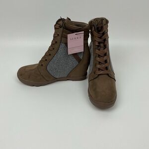 Serra‎ Womens Brown Gray Lace Up Wedge Booties Size 9 Casual Fall Winter Shoes